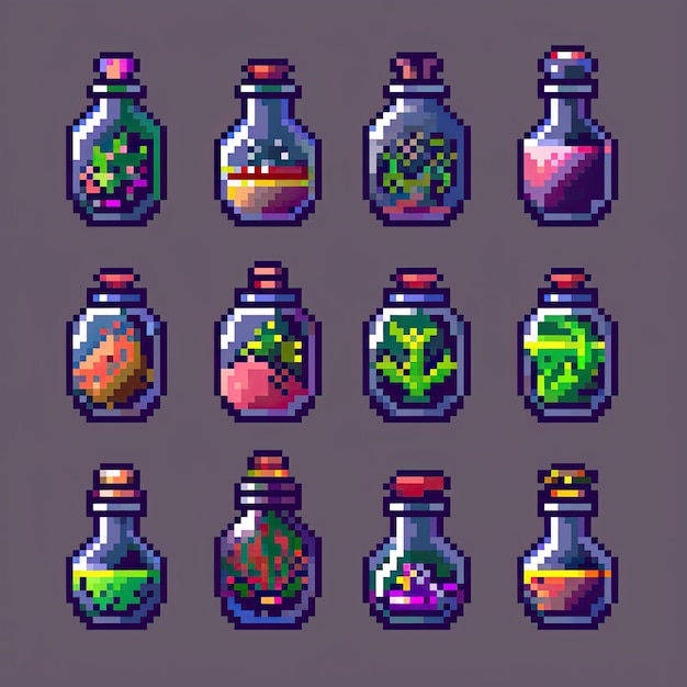 a collection of bottles with different shapes and colors