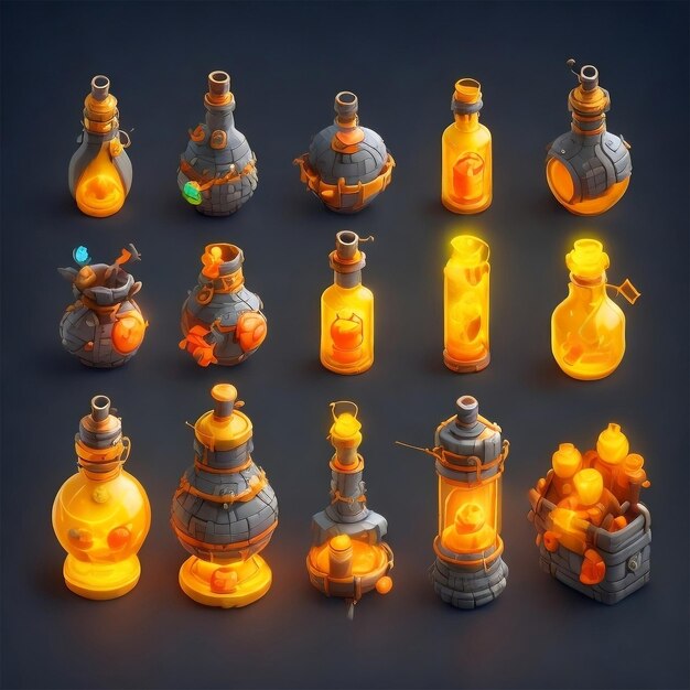 A collection of bottles with yellow lights and a blue bird on the top.