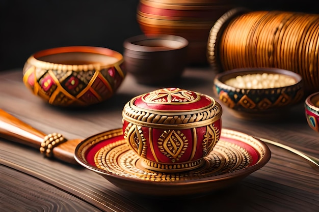 a collection of bowls and bowls on a wooden table.