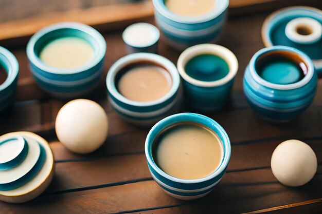 Photo a collection of bowls of eggs, including one that has been placed on a wooden surface.