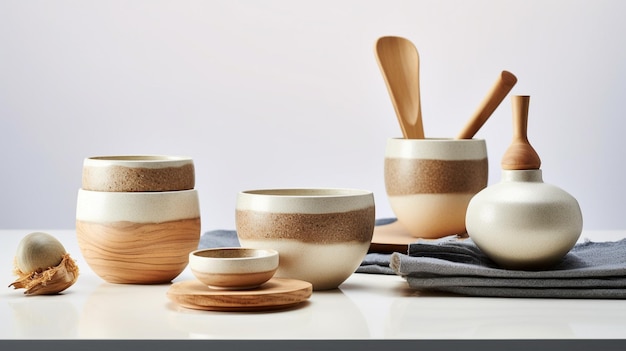 a collection of bowls one with a brown and white pattern