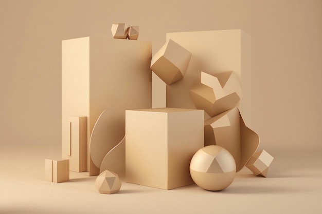 A collection of boxes and a ball on a beige background.