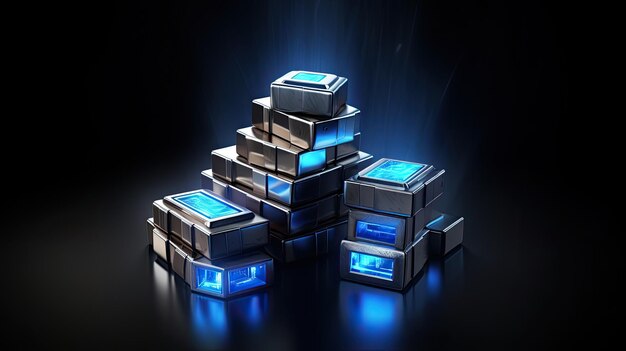 a collection of boxes with blue lights on them