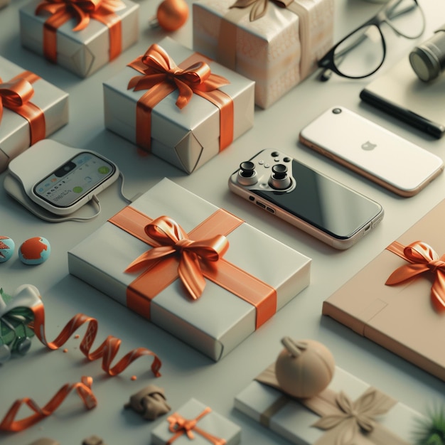 a collection of boxes with a cell phone on the table