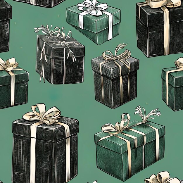 a collection of boxes with a green background with a white ribbon tied around the top