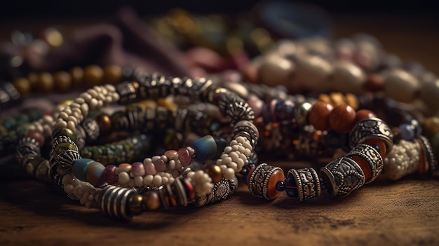 A collection of bracelets on a table with a colorful bead bracelet.