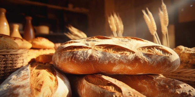 Foto una collezione di pane posta sopra un tavolo adatta a disegni e concetti legati al cibo