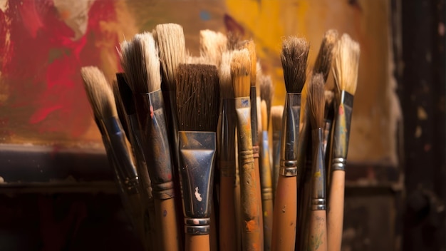 A collection of brushes are lined up in a row.