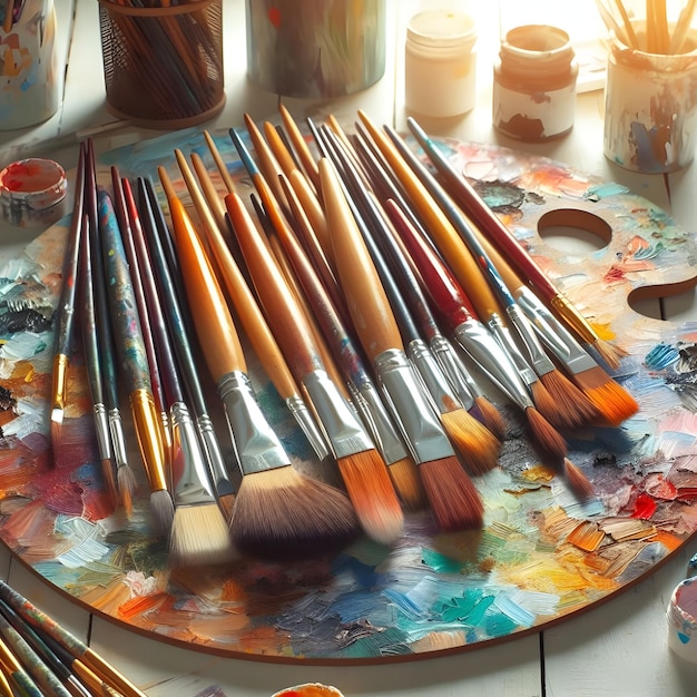 a collection of brushes are on a table with a lot of paint on it