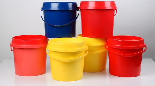 A collection of buckets are on a table.