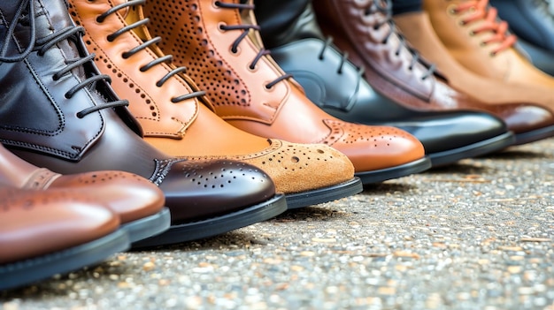 Photo a collection of business and formal mens shoes neatly lined up in a row on the ground creating a harmonious and artistic display