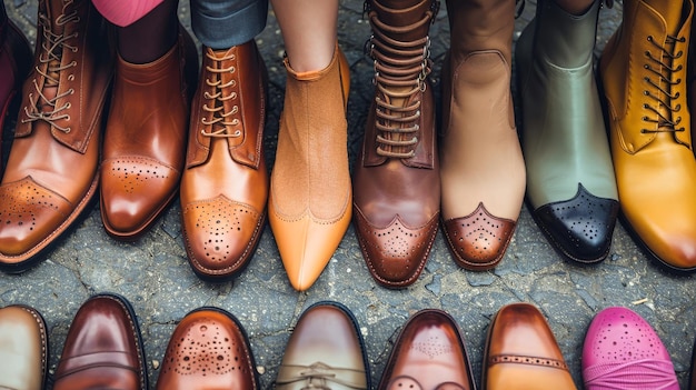 비즈니스 및 공식적인 남성 신발의 컬렉션은 조화롭고 예술적인 디스플레이를 만드는 바닥에 순조롭게 줄지어 있습니다.