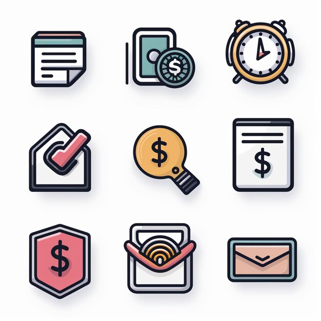 a collection of business icons including a clock a bank and a letter