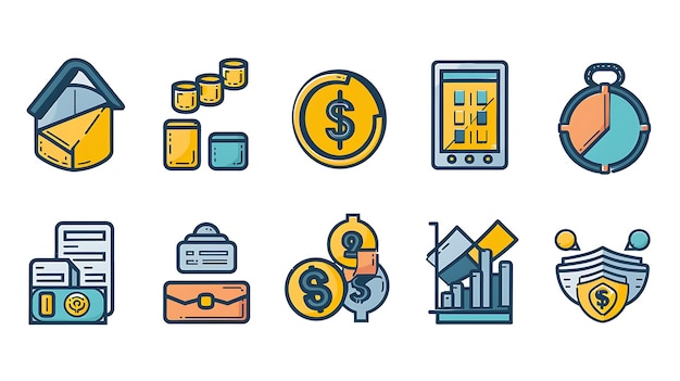 a collection of business icons including a financial exchange and financial services business