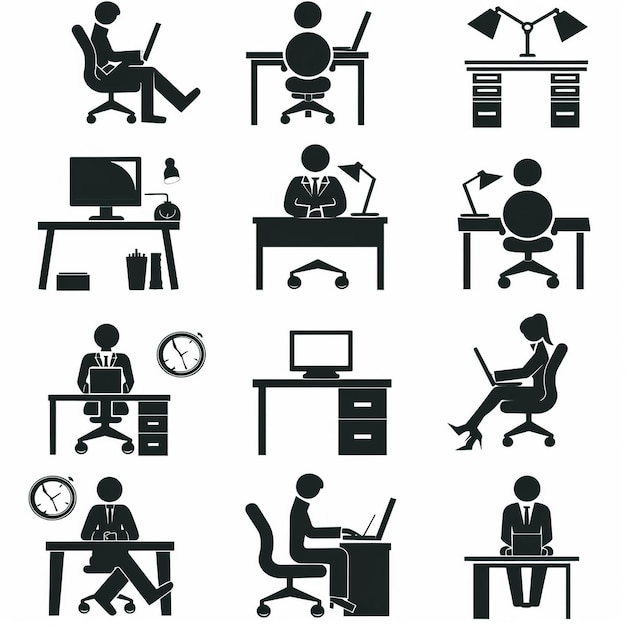 Photo a collection of business icons including a man sitting at a desk