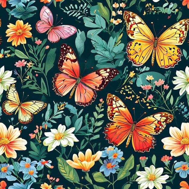 a collection of butterflies and flowers with butterflies on a black background