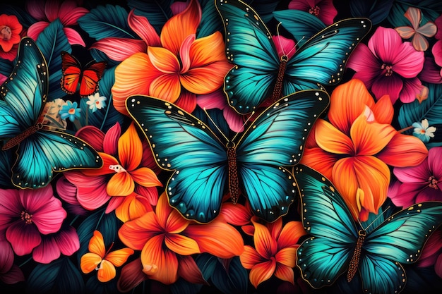 a collection of butterflies with a background of flowers and butterflies.