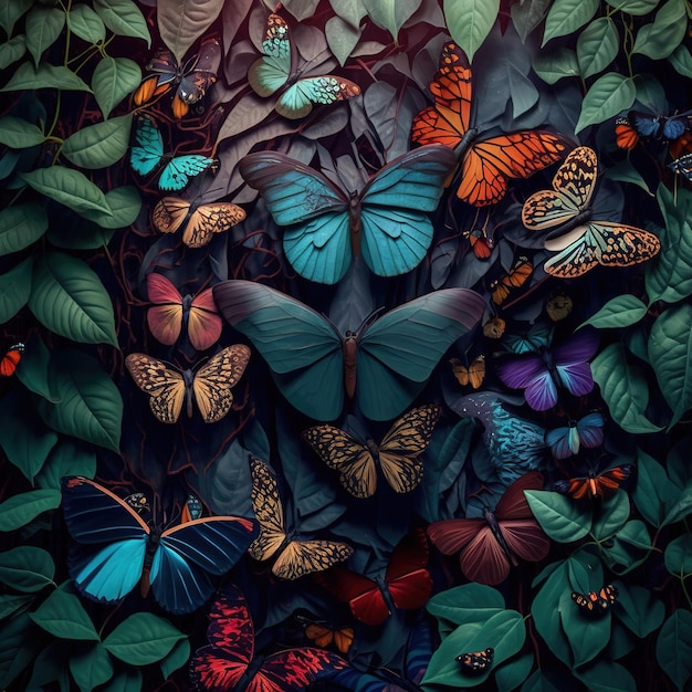 A collection of butterflies with leaves on the bottom