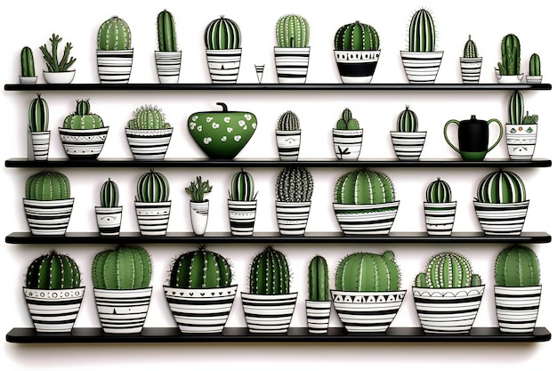 Collection of cacti in pots on shelves