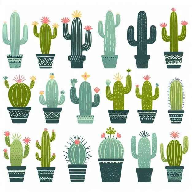 Photo a collection of cactus pots with flowers and plants