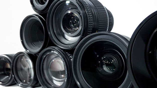 Collection of camera lens isolated on white background.