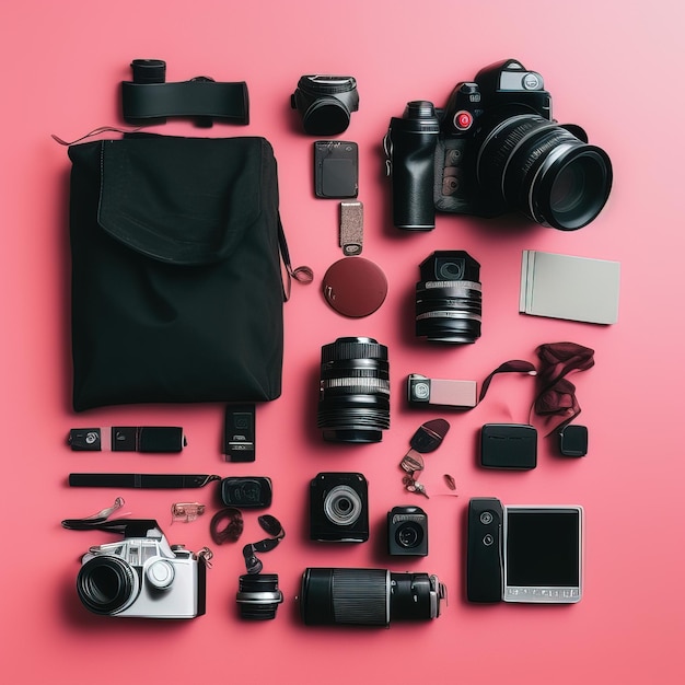 A collection of cameras including a camera, a bag, and a bag on a pink background.