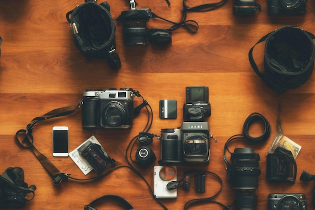 a collection of cameras including one that has the word canon on it