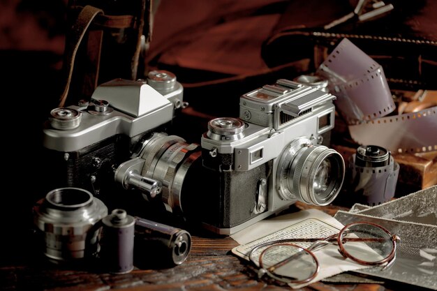 Foto una collezione di macchine fotografiche inclusa una con la scritta 