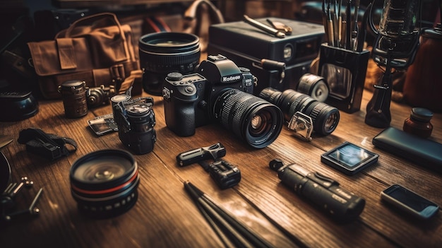 A collection of cameras on a table with a camera on it