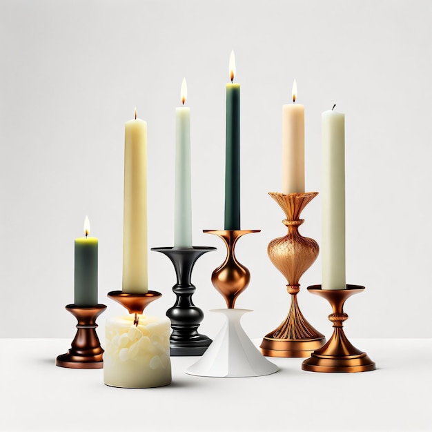 A collection of candles are arranged in a row with one being lit by a flame.