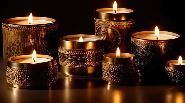 A collection of candles in gold jars