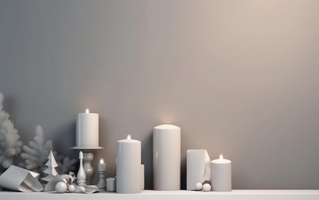 A collection of candles on a shelf with a grey background.