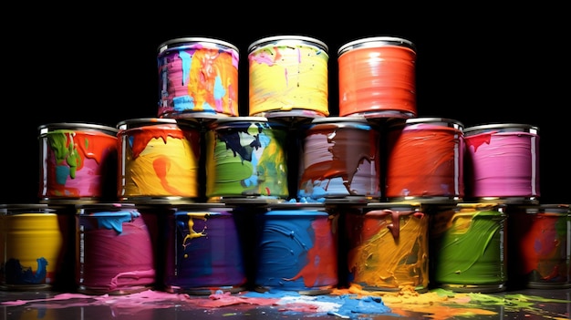 A collection of cans with paint on them