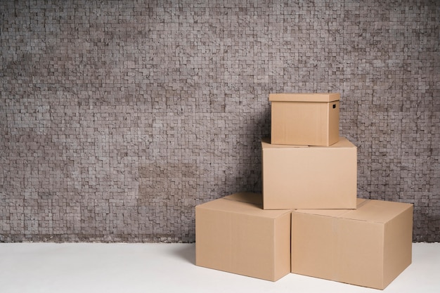 Collection of cardboard boxes with copy space