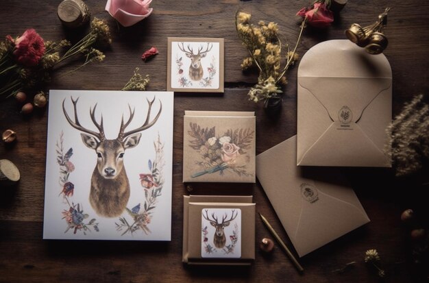 カードのコレクションと鹿が描かれたカード