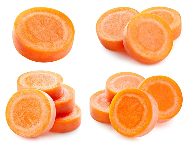 Collection carrot slice Fresh carrots isolated on white background Full depth of field With clipping path