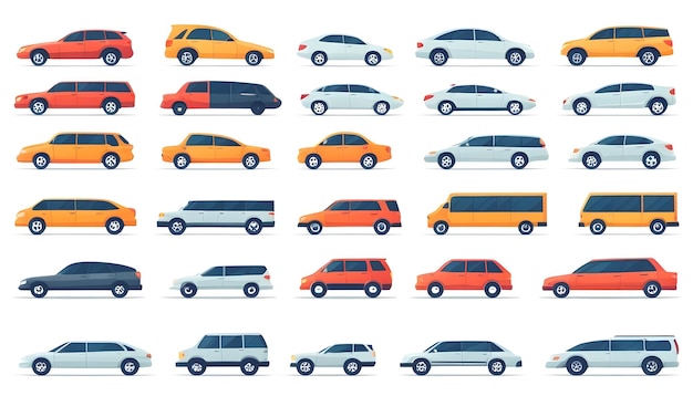 a collection of cars with different colors and shapes