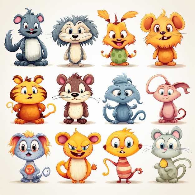 a collection of cartoon animals including one of them has a lot of different animals on it