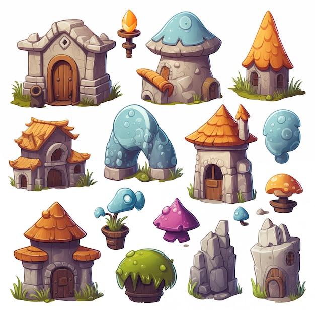 a collection of cartoon characters including a fairy house