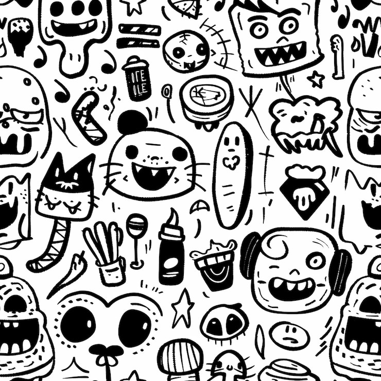 Photo a collection of cartoon characters including a skull a cat and a bottle of beer