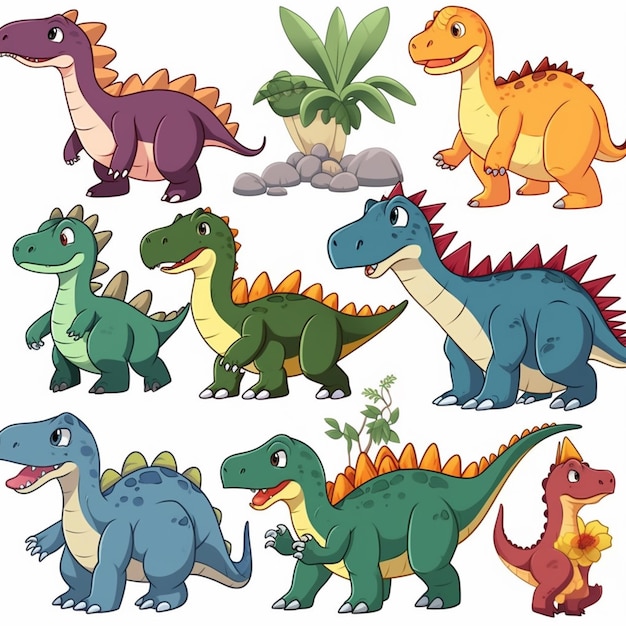 Photo a collection of cartoon dinosaurs.