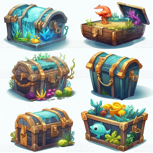 A collection of cartoon treasure chest and a fish swimming in the sea.