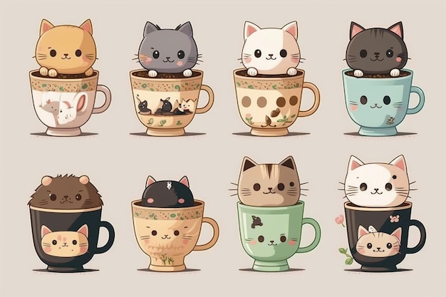 A collection of cats in cups