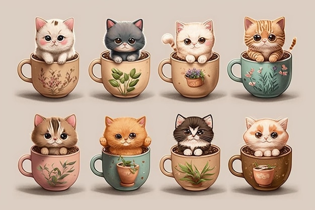 A collection of cats in cups