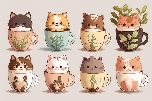 A collection of cats in cups