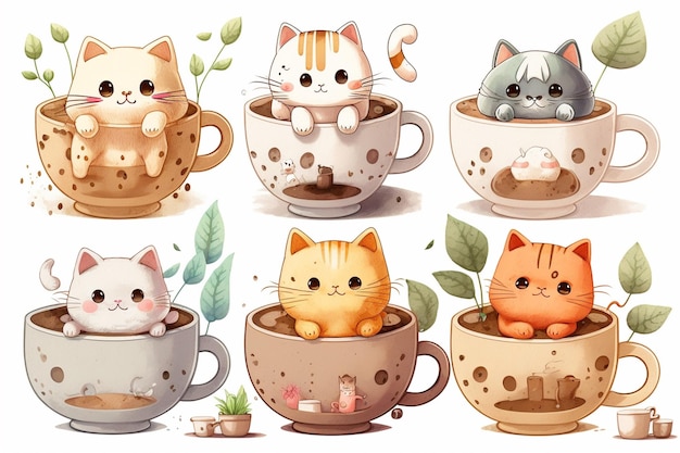 A collection of cats in cups