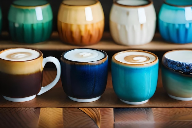 A collection of ceramic mugs on a shelf, one of which has a design on the bottom.