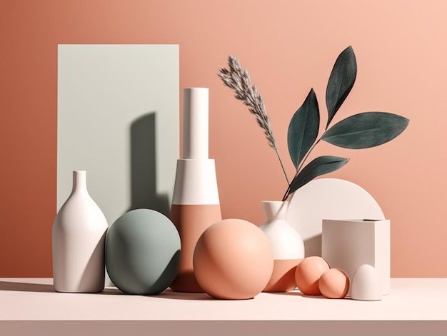 A collection of ceramic objects on a table with a vase of flowers.