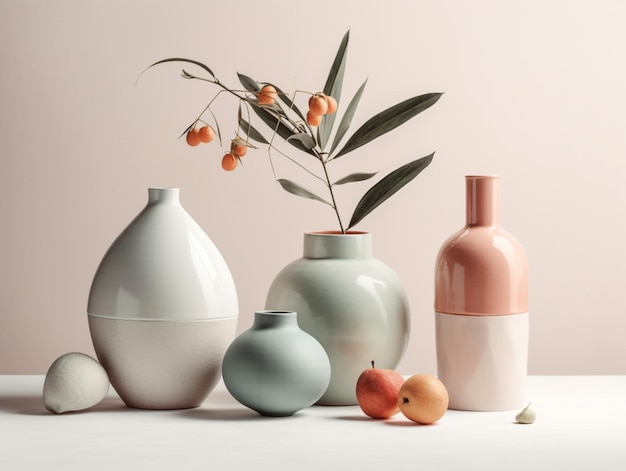 A collection of ceramic vases on a table with a plant in the background.