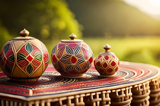 a collection of ceramic vases with the sun behind them.